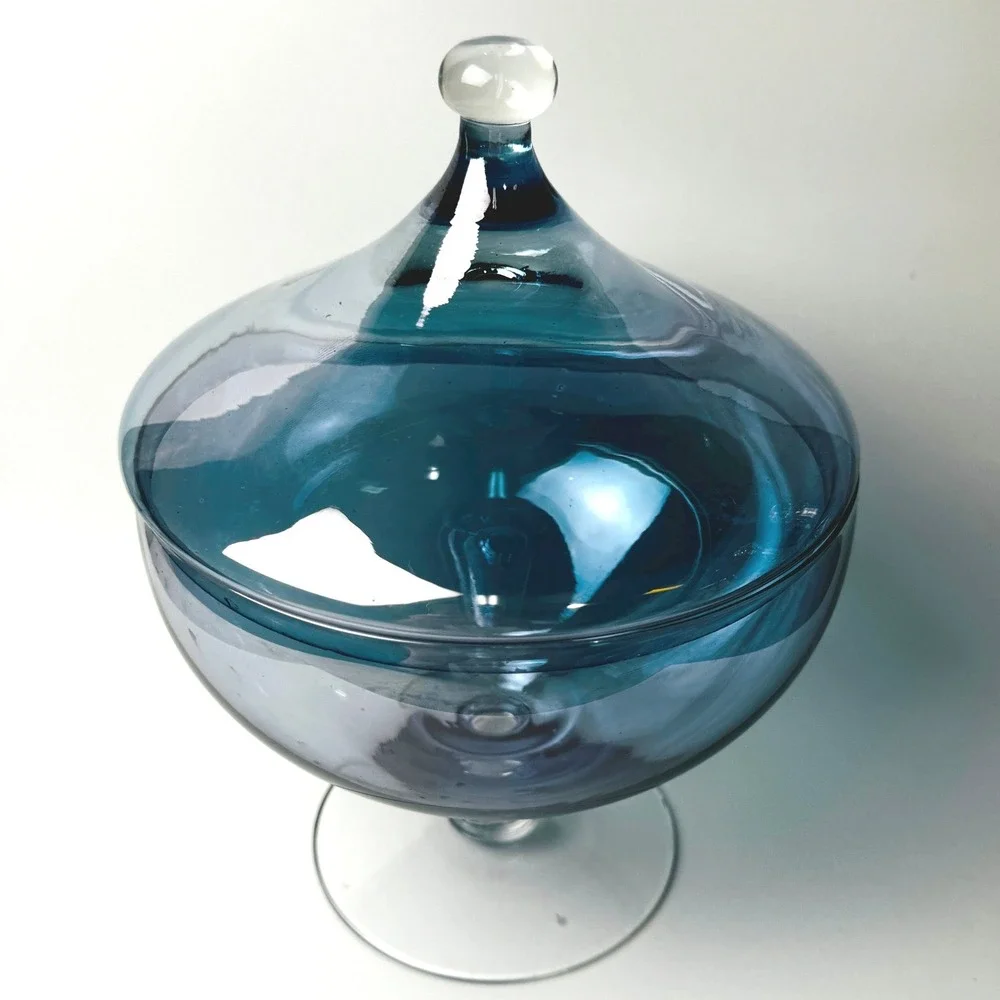 Vintage Empoli Style Blue Blown Glass Covered Compote Pedestal Candy Dish MCM